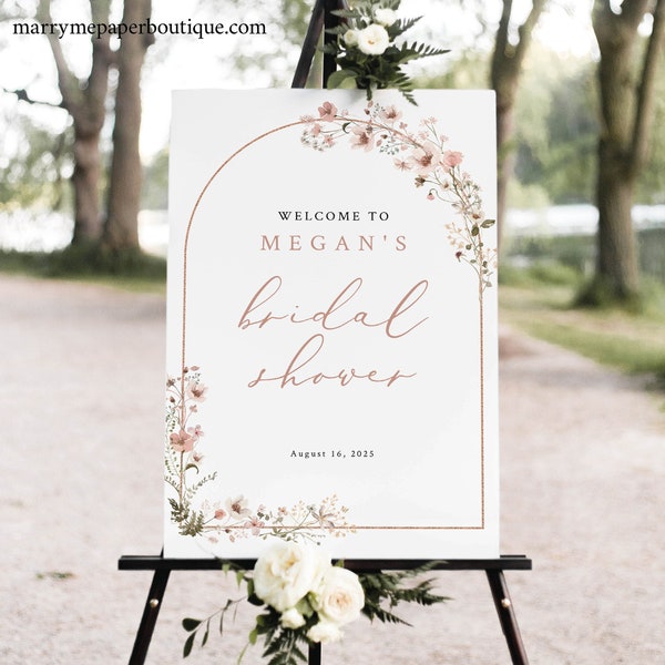 Bridal Shower Welcome Sign Template, Rustic Pink Flowers Arch, Welcome to the Bridal Shower Sign, Printable, Templett INSTANT Download