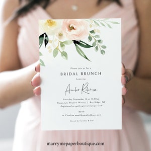 Bridal Brunch Invitation Template, Pink Floral Greenery, Ivory, Bridal Shower Brunch Invite, Printable, Editable, Templett INSTANT Download