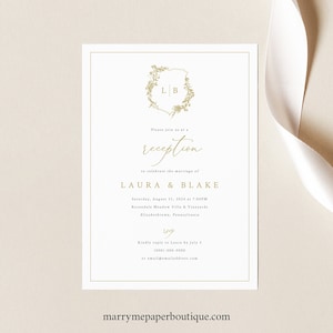 Reception Invitation Template, Gold, Wedding Crest & Monogram, Editable, Wedding Reception Invite Card, Printable, Templett INSTANT Download