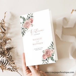 Wedding Ceremony Program Template, Dusky Pink Floral, Folding Wedding Program, Printable, Editable, Dusty Pink, Templett INSTANT Download