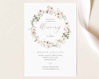 Blessing Ceremony Invitation Template, Rustic Pink Flowers, Editable, Pink Baby Blessing Invitation, Printable, Templett INSTANT Download