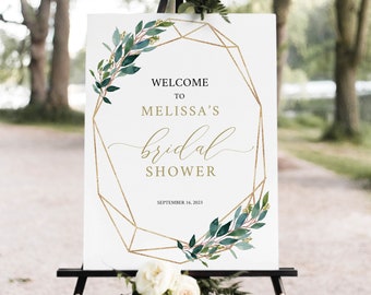 Bridal Shower Welcome Sign Template,  Editable, Printable Bridal Shower Sign, Instant Download, Geometric Greenery, Try Before Purchase