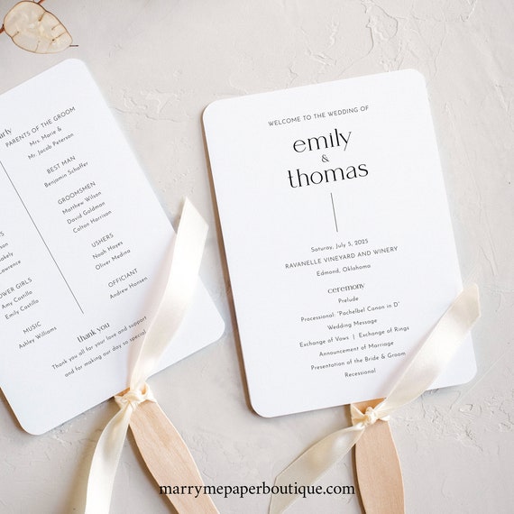 Wedding Program Fan Template, Minimalist Modern Design, Editable, Wedding Ceremony Fan Program, Printable, Templett INSTANT Download