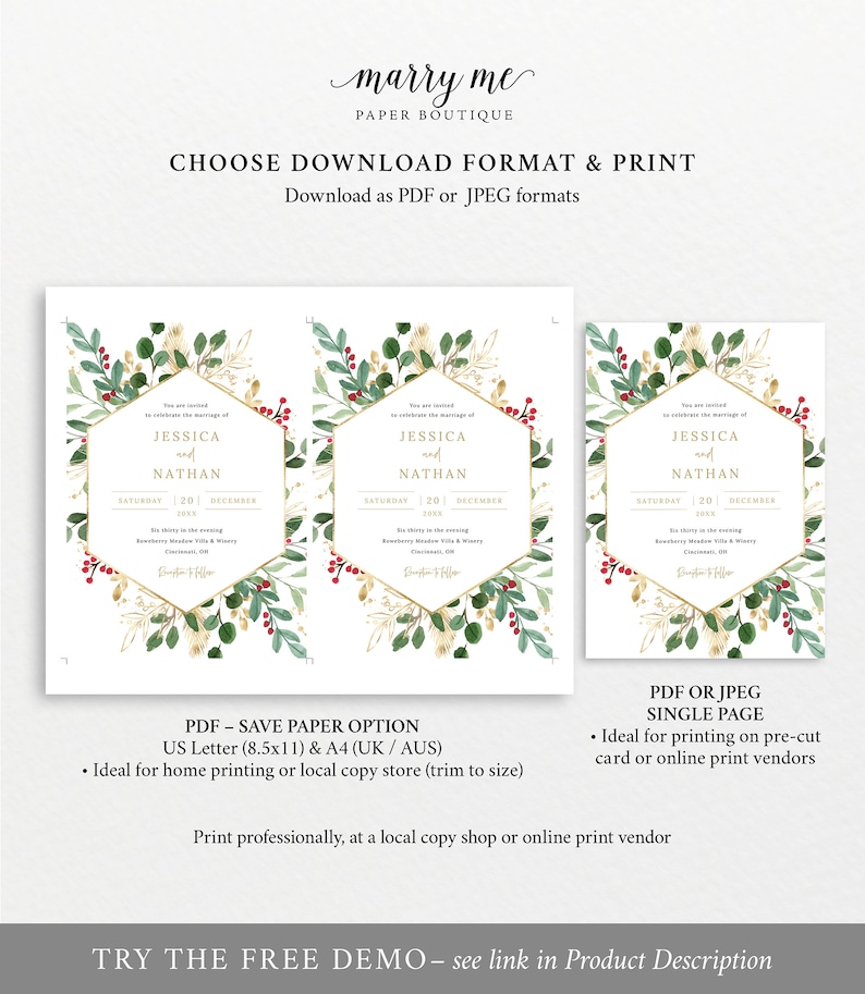 Winter Berry Invitation Template Set, Christmas Wedding Invitation Printable, Details & RSVP, Editable Templett, Instant Download image 6