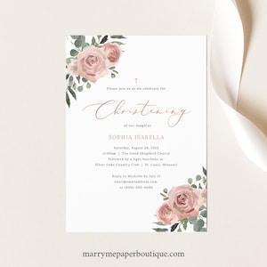 Christening Invitation Template, Dusky Pink Floral, Christening Invite Printable, Editable, Dusty Pink, Templett INSTANT Download