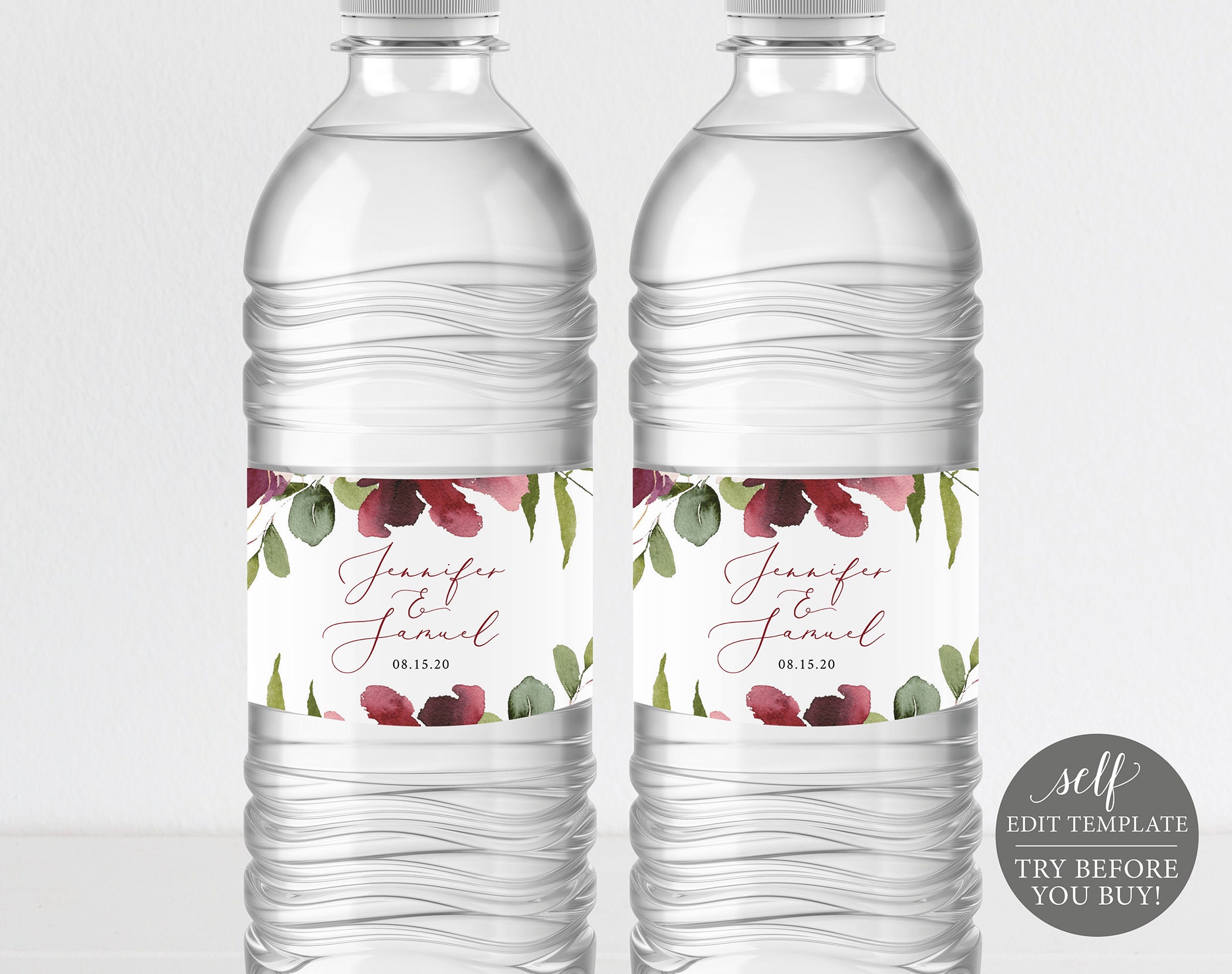 water bottle label template try before you buy water bottle labels printable editable instant download burgundy floral