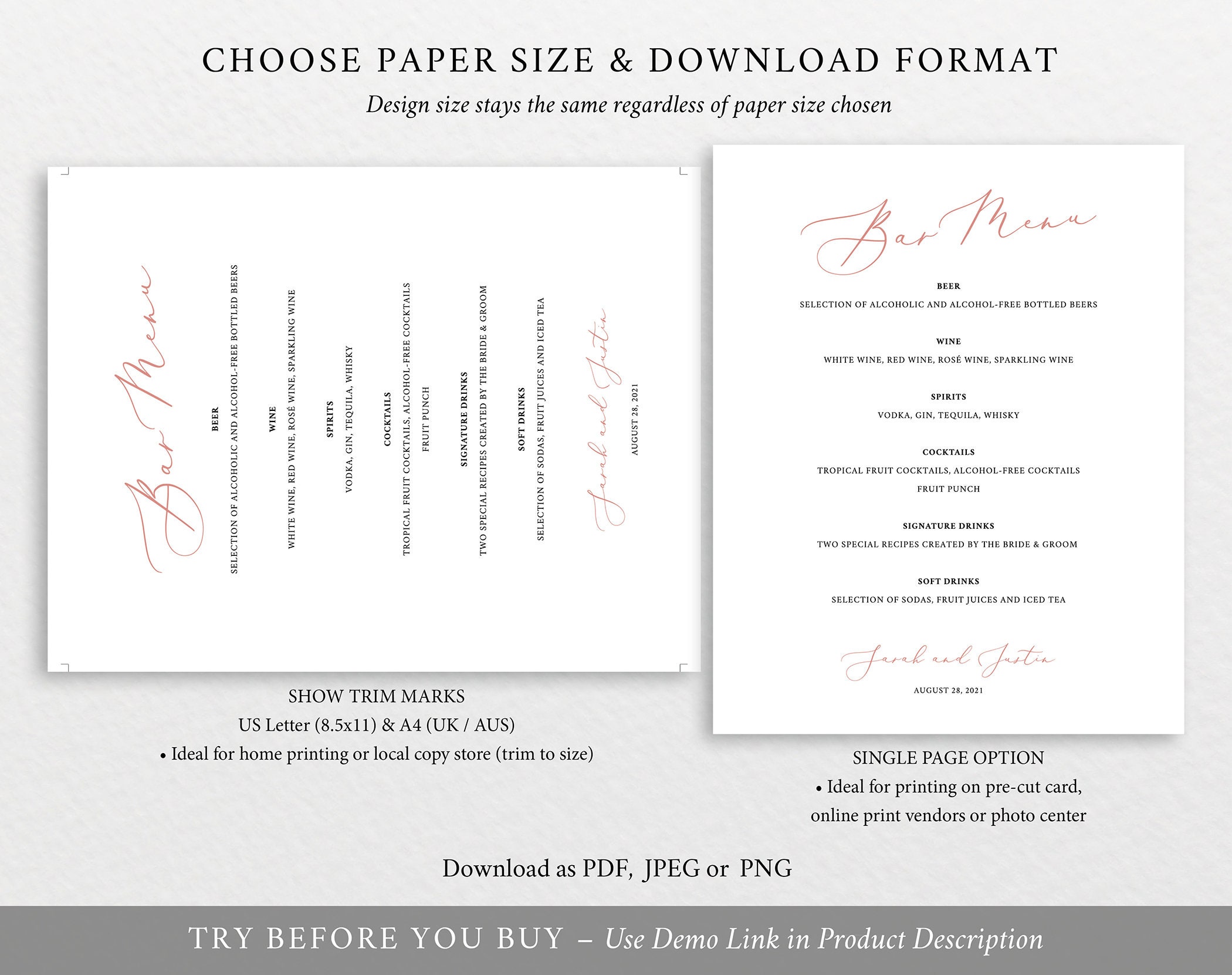Bar Menu Sign Template Rose Gold Script Drinks Menu Etsy UK