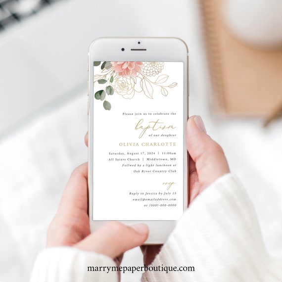 Digital Baptism Electronic Text Invitation Template, Blush & Gold Flowers, Baptism Text Invite, Templett INSTANT Download, Editable