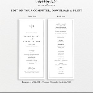 Wedding Program Template, Minimalist Wedding Monogram, Printable, Wedding Ceremony Program, Editable Tall Program, Templett INSTANT Download image 5