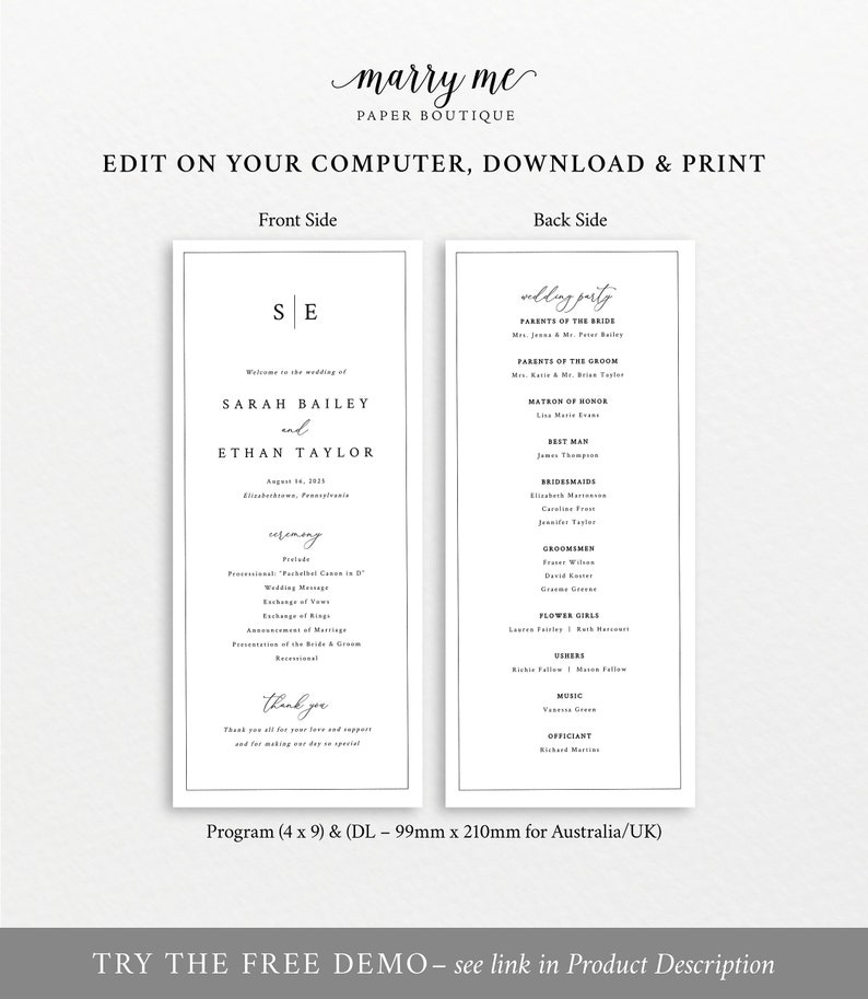 Wedding Program Template, Minimalist Wedding Monogram, Printable, Wedding Ceremony Program, Editable Tall Program, Templett INSTANT Download image 5