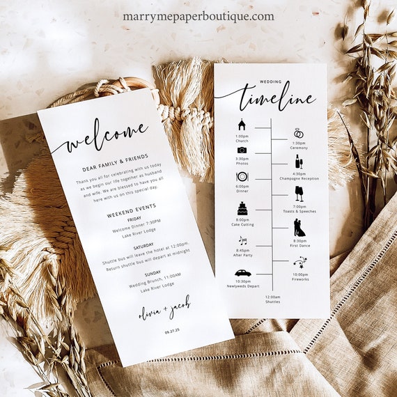Wedding Welcome & Timeline Card Template, Modern Calligraphy, 4x9, Editable, Modern Wedding Itinerary, Printable, Templett INSTANT Download
