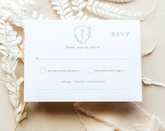 Reply Card Template, Light Blue Crest & Monogram, Blue Crest RSVP Card, Editable, Monogram RSVP Card, Printable, Templett INSTANT Download