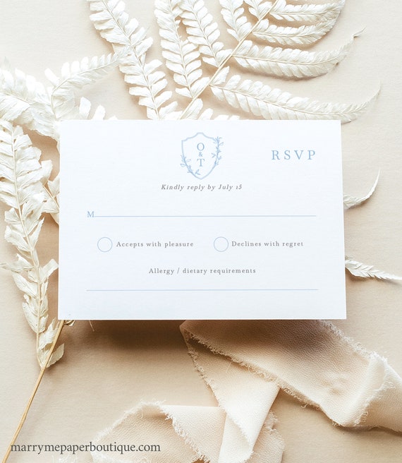 Reply Card Template, Light Blue Crest & Monogram, Blue Crest RSVP Card, Editable, Monogram RSVP Card, Printable, Templett INSTANT Download