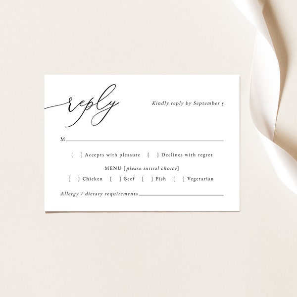 RSVP Card Template, Classic & Elegant, Reply Card Printable, Elegant RSVP Enclosure Card, Calligraphy, Templett INSTANT Download, Editable