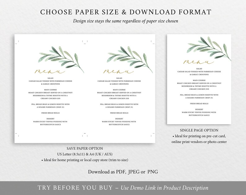 Greenery Leaf TRY BEFORE You BUY Editable Instant Download Baptism Menu Template 5x7