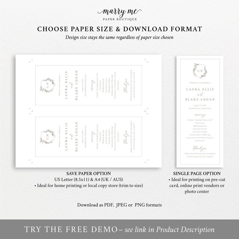 Printable Wedding Program Template Templett INSTANT Download Botanical Crest Elegant Wedding Ceremony Program Fully Editable