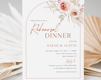 Rehearsal Dinner Invitation Template, Blush Floral Boho Arch, Editable, Blush Boho Rehearsal Invite, Printable, Templett INSTANT Download