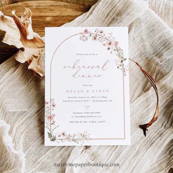 Rehearsal Dinner Invitation Template, Rustic Pink Flowers Arch, Editable, Pink Rehearsal Invite, Printable, Templett INSTANT Download