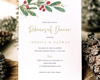 Rehearsal Dinner Invitation Template, Green Leaf  & Berries, Rehearsal Invite, Printable, Winter Wedding, Templett INSTANT Download