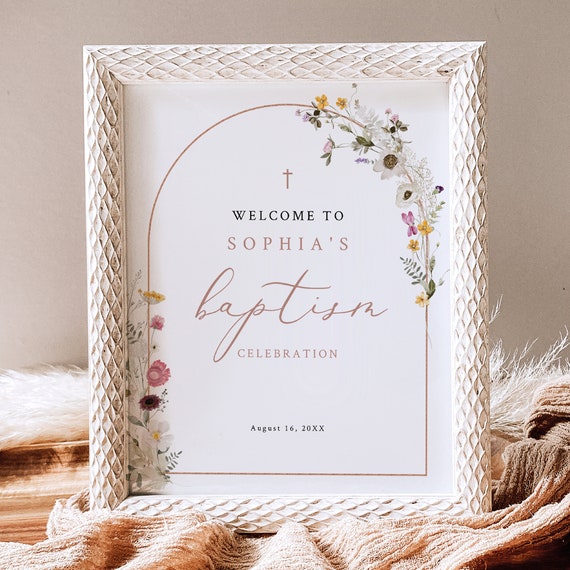 Baptism Welcome Sign Template, Editable, 8x10, Rustic Wildflowers Arch, Welcome to the Baptism Sign Small, Templett INSTANT Download