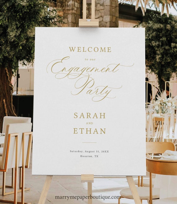 Engagement Party Welcome Sign Template, Calligraphy Design Gold, Welcome to our Engagement Party Sign, Editable, Templett INSTANT Download