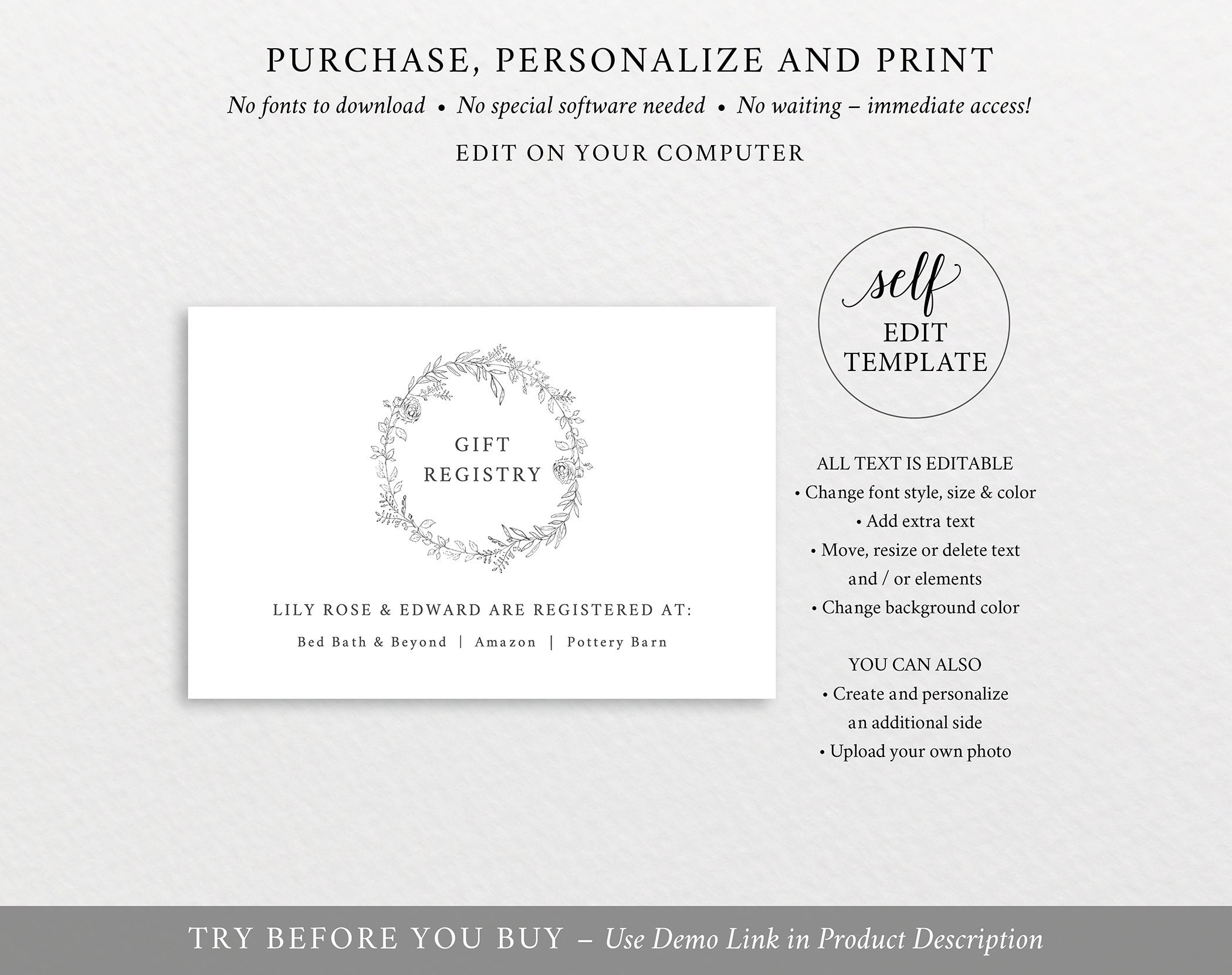 Gift Registry Card Template, Botanical Floral, Templett, Editable &amp; Printable Instant Download