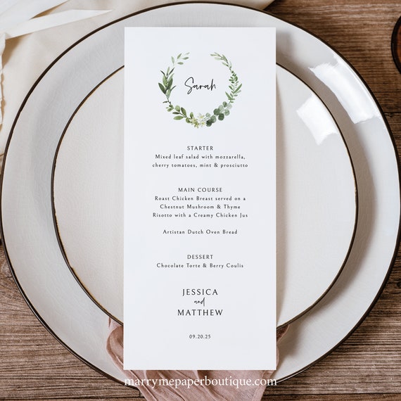 Personalizable Menu Template, Elegant Greenery,  Editable, Greenery Wedding Guest Menu Cards, Printable, Templett INSTANT Download