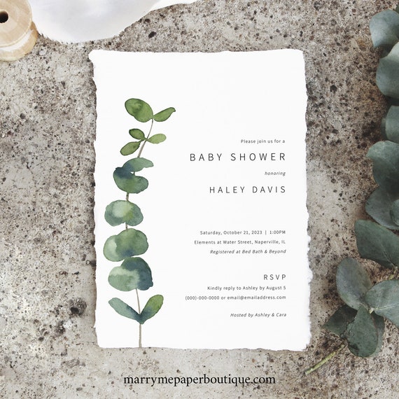 Baby Shower Invitation Template, Elegant Eucalyptus, Printable Baby Shower Invite, Greenery, Editable, Boy & Girl, Templett INSTANT Download