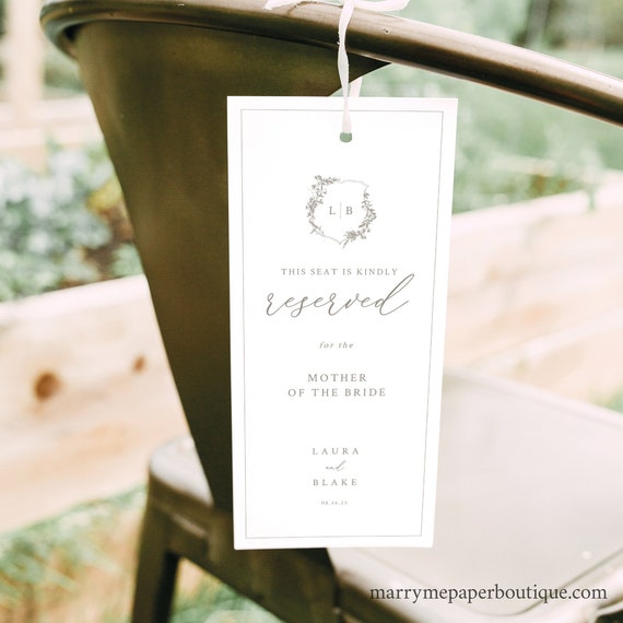 Reserved Seating Sign Template, Botanical Crest, 4x9, Editable, Reserved Seat Tag, Printable, Reserved Chair Sign, Templett INSTANT Download