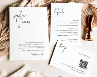 Wedding Invitation Template Set, Elegant Minimalist, Editable QR Code RSVP, Minimalist Wedding Invites, Printable, Templett INSTANT Download