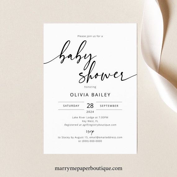 Baby Shower Invitation Template, Modern Calligraphy, Printable Baby Shower Invitation Card, Editable, Templett INSTANT Download