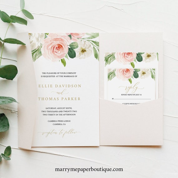 Wedding Invitation Template Set, Blush Floral, Pocket Style, Editable & Printable, Instant Download, Try Before Purchase