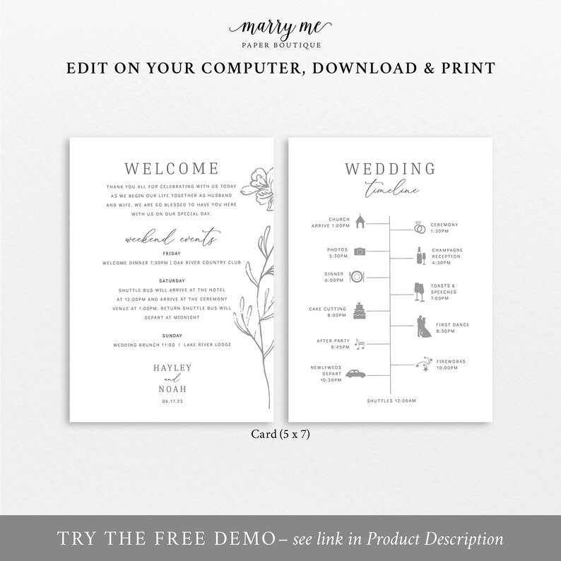 Wedding Itinerary Card Template, Elegant Botanical, Editable & Printable Instant Download, Templett image 3