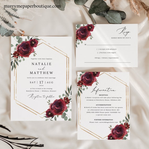 Wedding Invitation Template Set, Elegant Burgundy Floral, Editable Invitation Suite Printable, RSVP, Details Card, Templett INSTANT Download