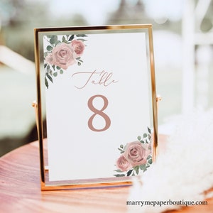 Table Number Template, Dusky Pink Floral, Editable Wedding Table Number Sign Printable, Templett INSTANT Download