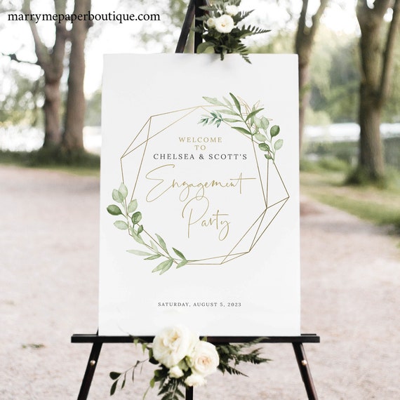 Engagement Party Welcome Sign Template, Greenery & Gold Geometric, Engagement Party Sign, Printable, Editable, Templett INSTANT Download