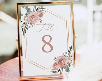 Table Number Template, Dusky Pink Floral, Wedding Table Number Sign Printable, Editable, Templett INSTANT Download