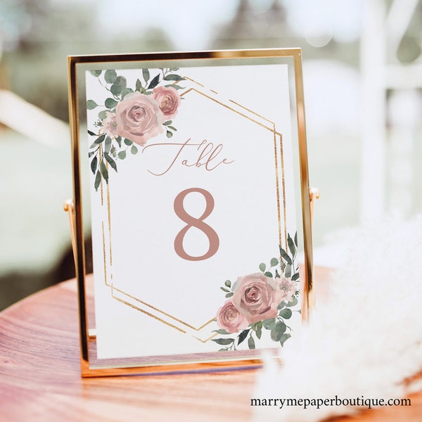 Table Number Template, Dusky Pink Floral, Wedding Table Number Sign Printable, Editable, Templett INSTANT Download