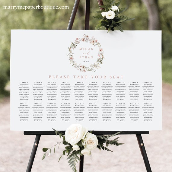 Wedding Seating Plan Template, Rustic Pink Flowers, Seating Chart Template, Editable Seating Sign, Printable, Templett INSTANT Download