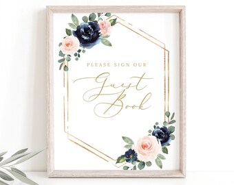 Guest Book Sign Template, Navy & Blush Floral, Editable Wedding Sign Printable, Please Sign Our Guestbook Sign, Templett INSTANT Download