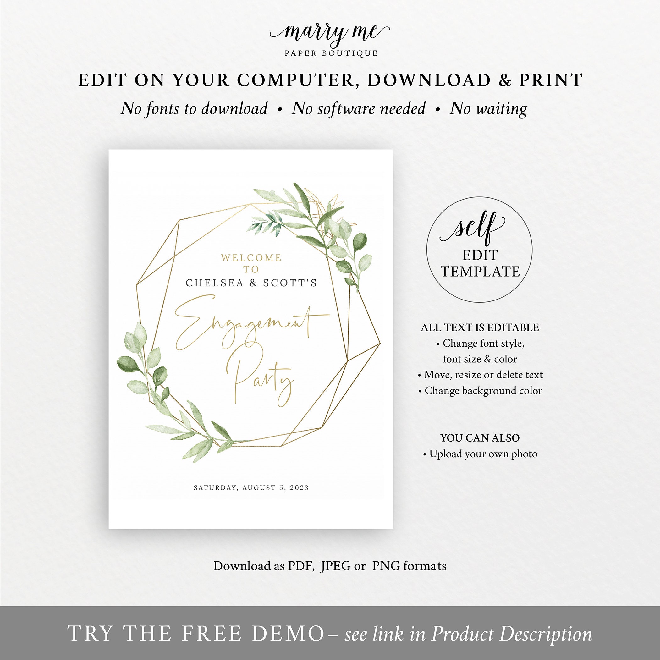 Engagement Party Welcome Sign Template Greenery Gold Geometric