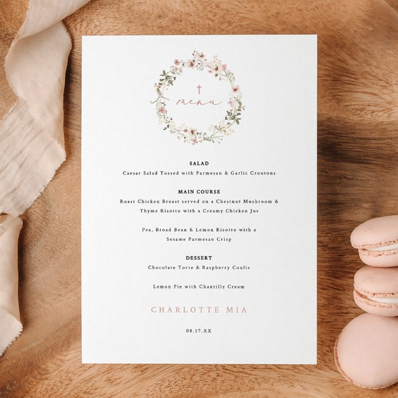 Baptism Menu Template, Rustic Pink Flowers, Baptism Table Menu, Editable, Pink Floral Baptism Menu Card, 5x7, Templett INSTANT Download