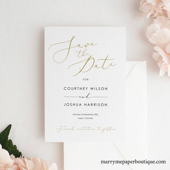 Save the Date Card Template Elelegant Gold Script Editable &amp; | Etsy