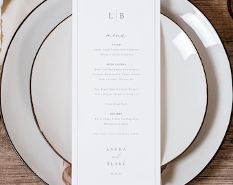 Wedding Menu Template, Wedding Monogram & Border, Editable Wedding Table Menu Card, Printable, Tall Menu, 4x9, Templett INSTANT Download