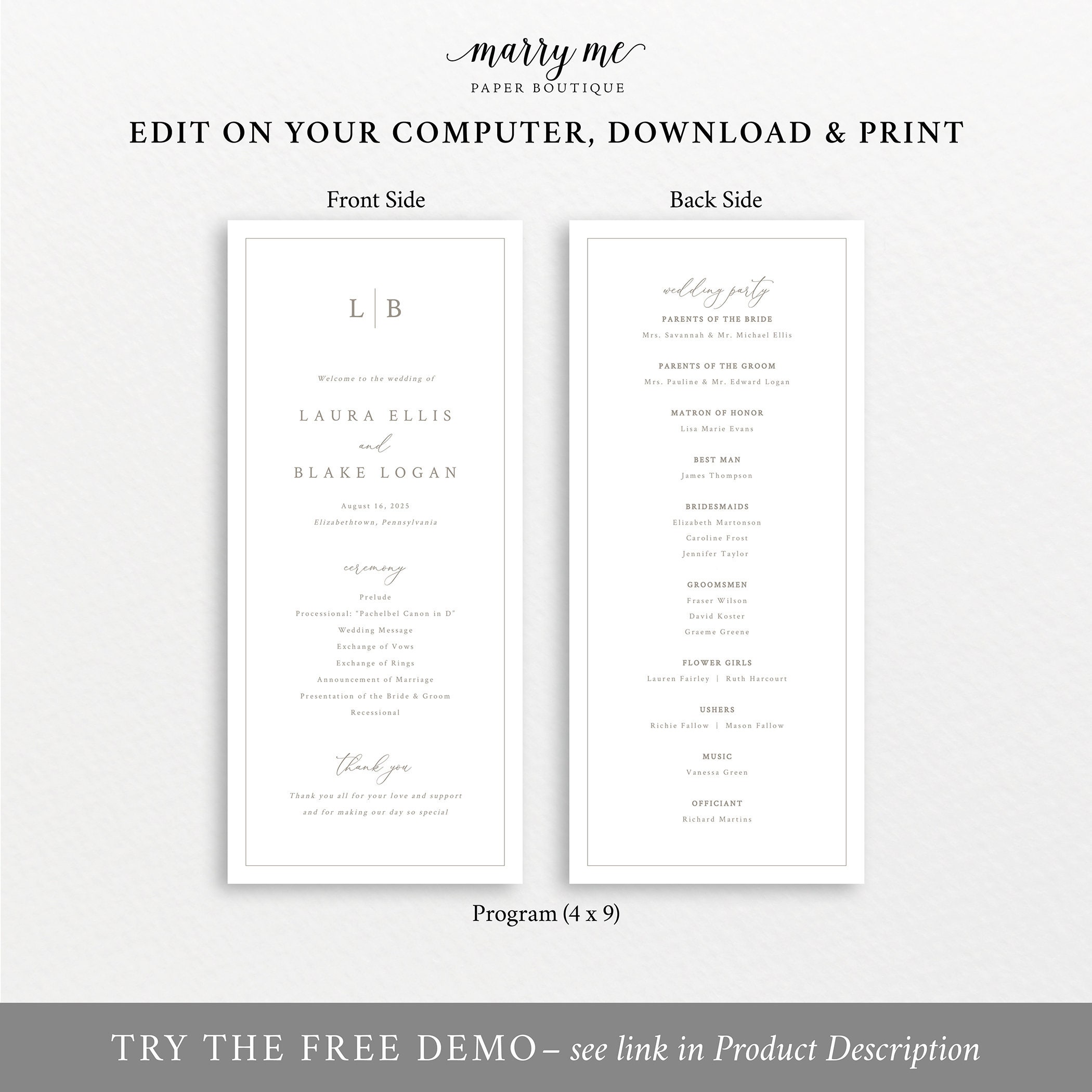 Wedding Program Template, Monogram & Border, 4x9, Wedding Monogram