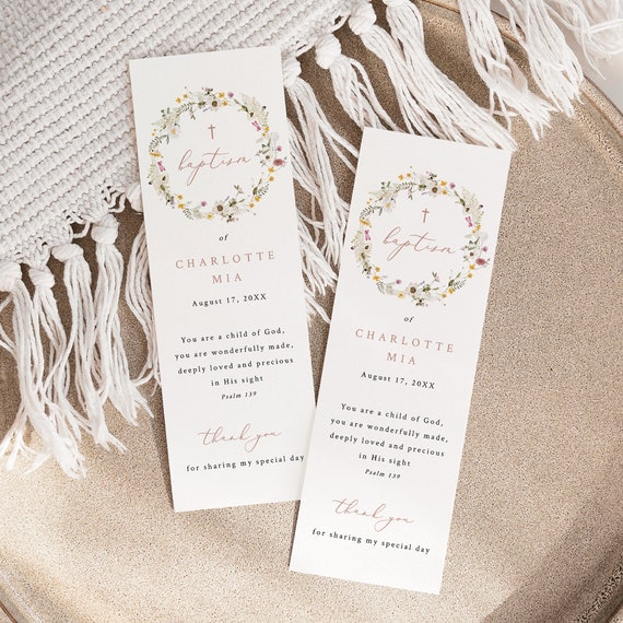 Baptism Bookmark Template, Rustic Wildflower Wreath, Wildflower Baptism Ceremony Bookmark, Editable, 2x6, Templett INSTANT Download