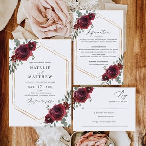 Wedding Invitation Template Set, Elegant Burgundy Floral, Editable Invitation Suite Printable, RSVP, Details Card, Templett INSTANT Download image 2
