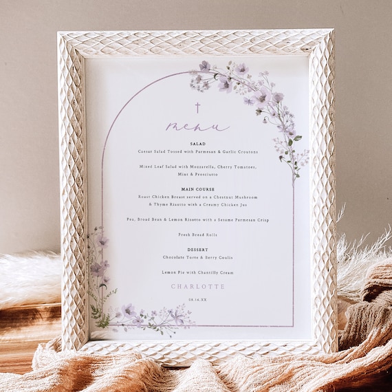 Baptism Menu Template, Rustic Lavender Flower Arch, 8x10, Editable Baptism Menu, Lavender Baptism Menu Card, Templett INSTANT Download