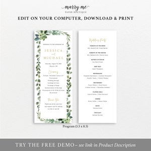 Wedding Program Template, Lush Greenery, Editable, Greenery Wedding Ceremony Program, Printable, Templett INSTANT Download image 3