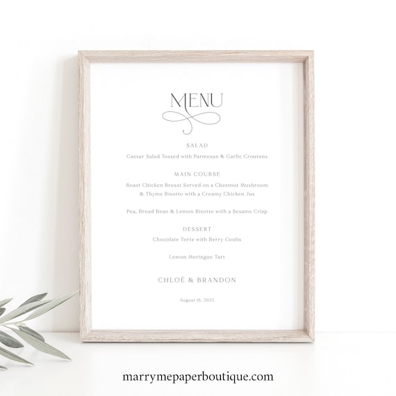 Wedding Menu Sign Template, Elegant Wedding Table Menu Sign, Editable, Printable, Self Edit, 8x10 Menu Sign, Templett INSTANT Download